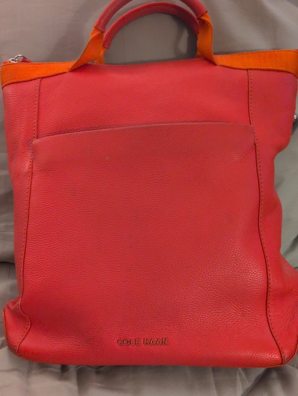 Cole Haan Coral-Red Leather Tote with Orange Trim